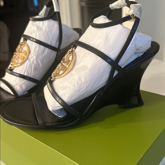 Tory Burch Black Wedge Sandals with Gold Accent - Picture 5 of 8